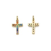 Breloque croix Oxydes de Zirconium 11.5x7 mm - Doré à l'or fin - Multicolore x1