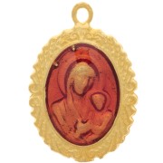 Pendentif ovale motif vierge avec résine époxy 22x15 mm - Doré à l'or fin - Rouge