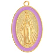 Pendentif ovale motif Vierge 32x20 mm avec résine époxy - Doré à l'or fin - Lilas