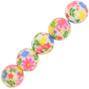 Perles rondes en résine 10 mm avec motif floral - Blanc - Multicolore x10
