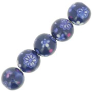 Perles rondes en résine 10 mm avec motif floral - Bleu foncé - Blanc x10
