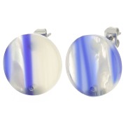 Clous d'oreilles ronds 15 mm en acrylique - Rayé - Bleu foncé - Blanc nacré x2