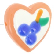 Perle coeur 24 mm en verre - Motif myrtille - Blanc - Bleu x1