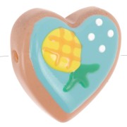 Perle coeur 24 mm en verre - Motif ananas - Turquoise - Jaune x1