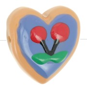 Perle coeur 24 mm en verre - Motif cerise - Bleu - Rouge x1