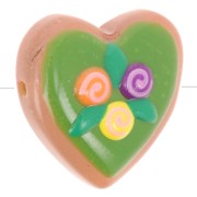Perle coeur 24 mm en verre - Motif fleurs - Vert - Violet - Jaune x1