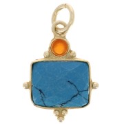 Breloque rectangle 8x10 mm imit Turquoise et cabochon 3mm Onyx rouge - Doré Or fin