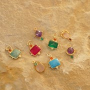 Breloque rectangle 8x10 mm imit Turquoise et cabochon 3mm Onyx rouge - Doré Or fin