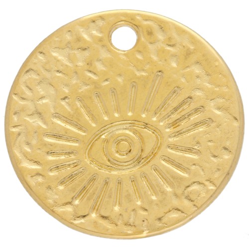 Pendentif rond martelé motif oeil - 19.5 mm - Doré à l'or fin x1