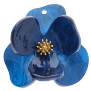 Pendentifs fleur en relief 40 mm en Acrylique Acier inox Doré Bleu roi marbré x2