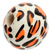 Perles rondes en bois 16 mm - Motif léopard - Blanc - orange - noir x10