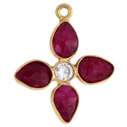 Pendentif fleur 24x21 mm imitation pierre gemme et CZ - Doré à l'or fin - Rubis