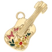 Pendentif guitare fleurie 17x26mm résine époxy - Acier inox 304 Doré - Multicolore