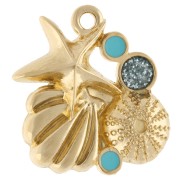 Pendentif coquillage & étoile de mer 21x20 m Doré à l'or fin - Bleu pailleté x1
