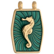 Pendentif intercalaire 22.5x15 mm motif hippocampe - Doré à l'or fin - Vert x1