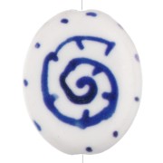 Perle ovale 18.5x15 mm en céramique - motif coquillage - Blanc - Bleu foncé x1