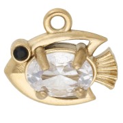 Mini breloque poisson 9x10 mm avec strass - Acier inoxydable Doré 304 - Crystal x1