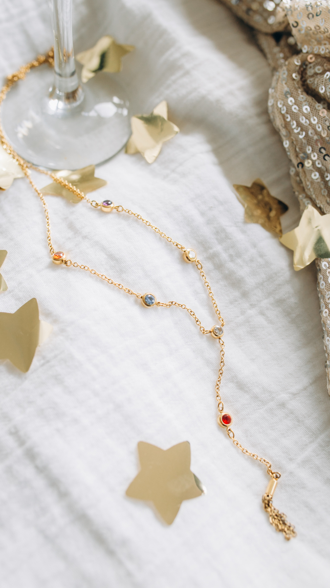 Schéma Collier cascade zircons et pompon en acier inoxydable Schéma Collier cascade zircons et pompon en acier inoxydable