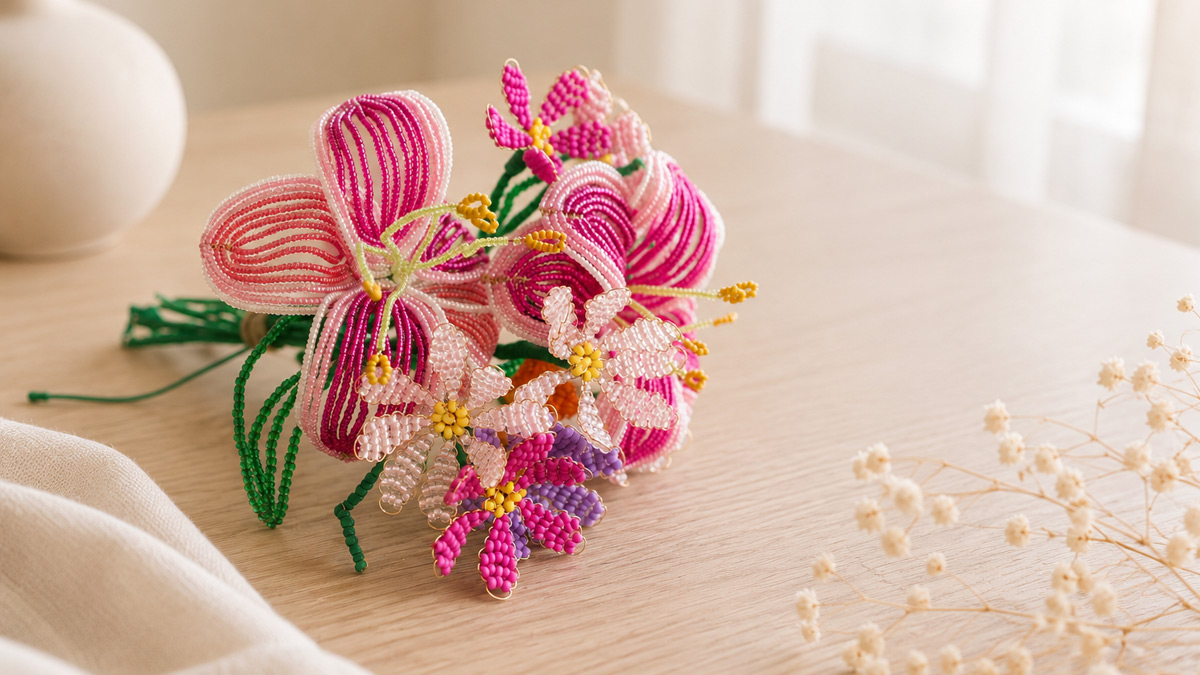 Bouquet de fleurs en perles de rocailles - Fleur de lys et Marguerite Bouquet de fleurs en perles de rocailles - Fleur de lys et Marguerite