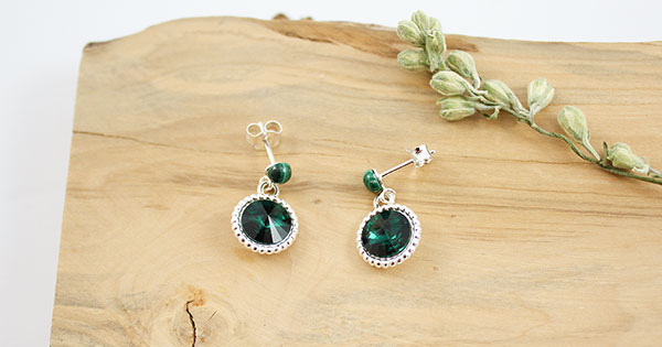 Boucles d'oreilles argent 925 Malachite et cabochon Swarovski ou PureCrystal Boucles d'oreilles argent 925 Malachite et cabochon Swarovski ou PureCrystal