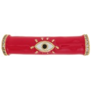 Perle tube incurvé en résine époxy & oxydes de Zirconium 33x8 mm motif oeil - Doré - Rouge x1