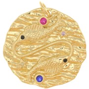Pendentif rond irrégulier 22 mm avec oxydes de Zirconium - signe du zodiaque Poisson - Doré x1