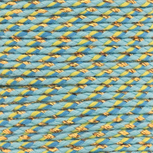 Cordon en coton tressé et fil métallisé 1.5mm - Multi bleu - Vert clair - Doré x1m
