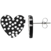 Clous d'oreilles coeur en acrylique 14x15.5 mm - motif pois - Noir - Blanc x2