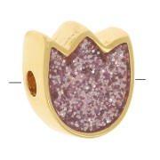 Perle fleur Tulipe 9x8 mm avec résine époxy - Doré à l'or fin - Rose pailleté x1