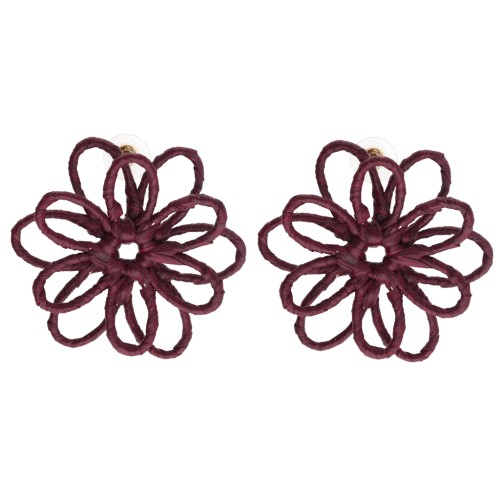 Boucles d'oreilles fleur en fil - volume 3D - 50x45 mm en raphia - Bordeaux x2