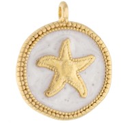 Pendentif rond irrégulier 20 mm étoile de mer - Doré à l'or fin - Blanc nacré x1