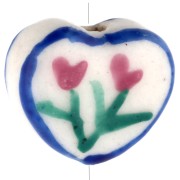 Perle coeur 12x14 mm en céramique - motif fleur - Blanc - Bleu - Rose x1