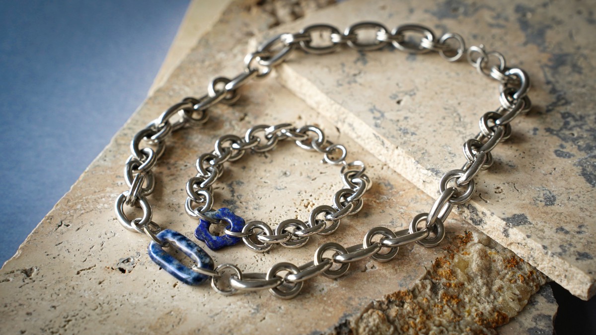 Bracelet et Collier grosse maille avec pierres naturelles Bracelet et Collier grosse maille avec pierres naturelles